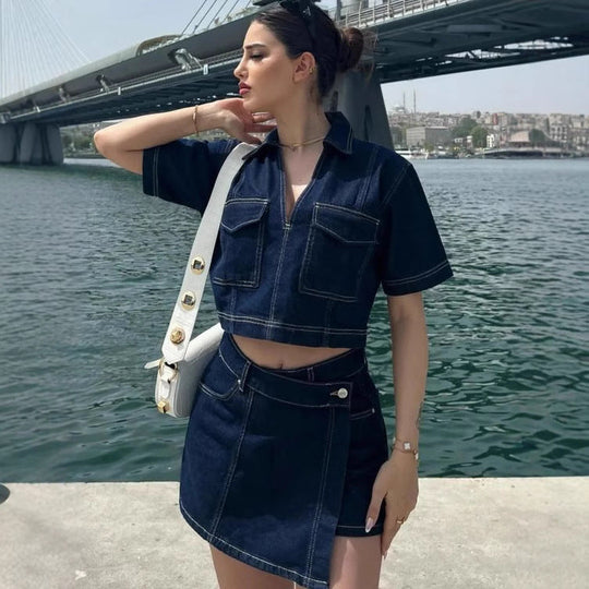 Denim Co-ord Set Dames | Crop Top & Asymmetrisch Minirokje