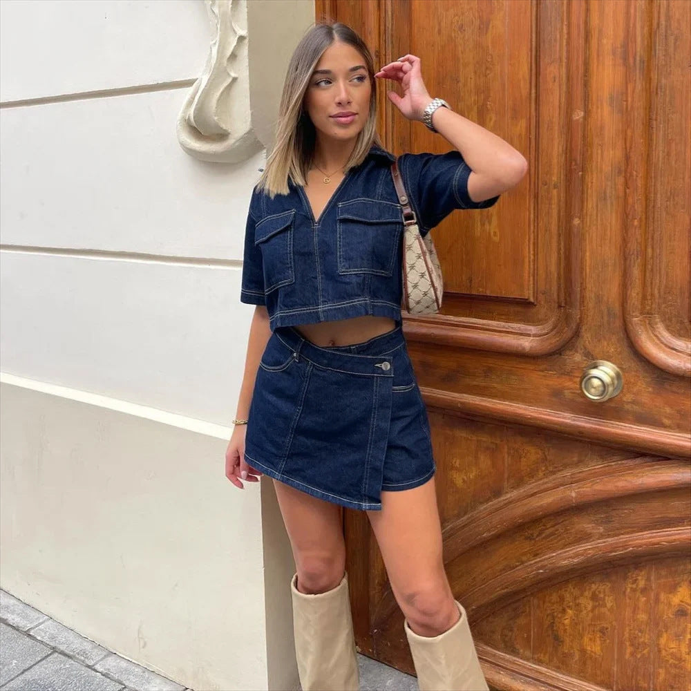 Denim Co-ord Set Dames | Crop Top & Asymmetrisch Minirokje