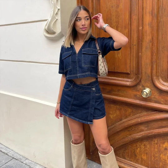 Denim Co-ord Set Dames | Crop Top & Asymmetrisch Minirokje