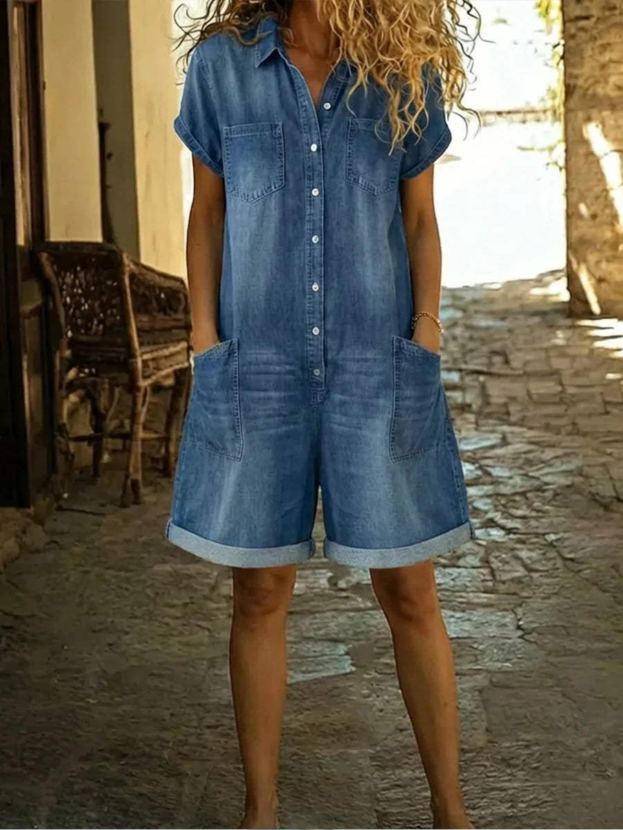 Barbara | Denim Playsuit met Kraag en Korte Mouwen 0