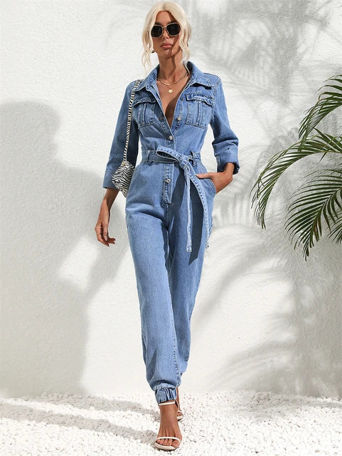 Denim Jumpsuit Dames | Riemdetail & Flatterend Vrouwelijk Silhouet