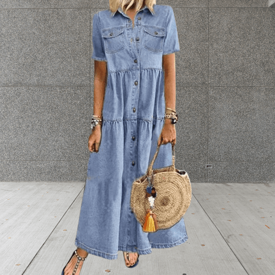 Denim Maxi Jurk | Doorknoop Model & Flatterende Valling
