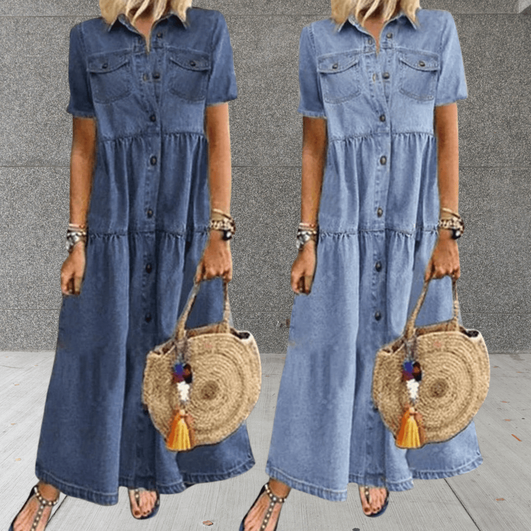 Denim Maxi Jurk | Doorknoop Model & Flatterende Valling