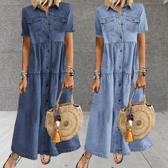 Denim Maxi Jurk | Doorknoop Model & Flatterende Valling