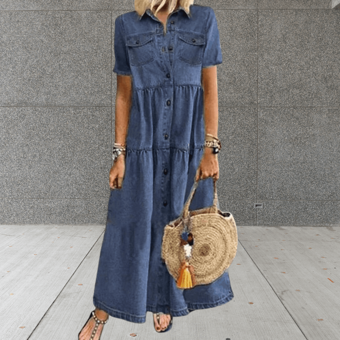 Denim Maxi Jurk | Doorknoop Model & Flatterende Valling