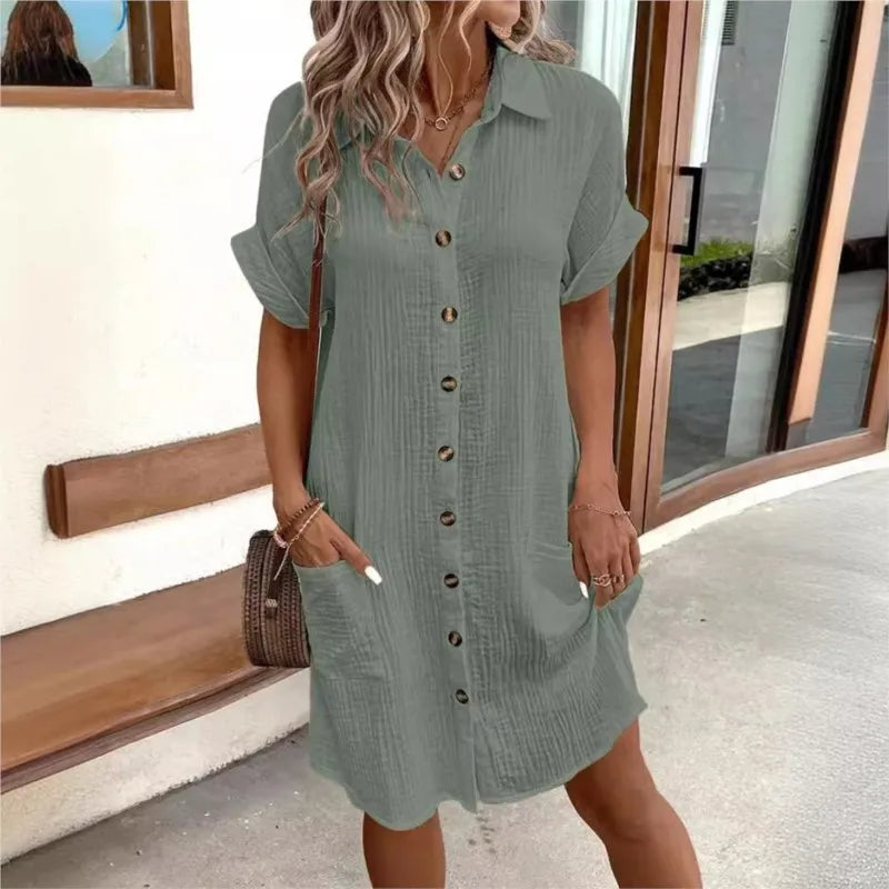 Elegantes Lässiges Mini-Sommerkleid Damen mit Kragen und Taschen - Carlijn