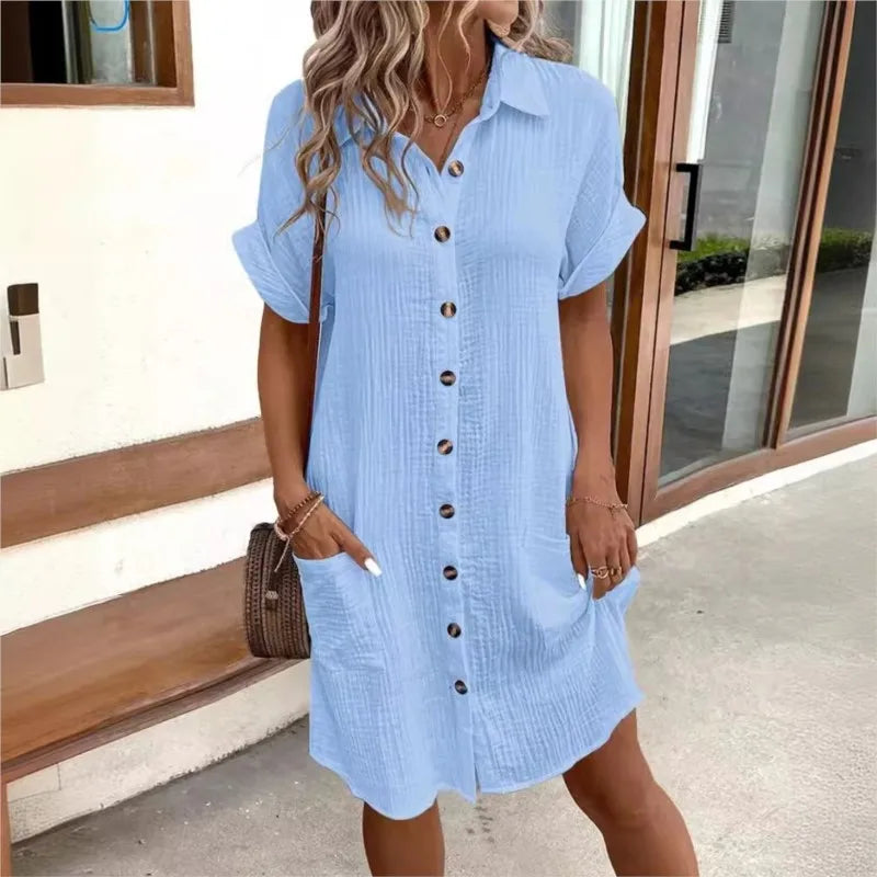 Elegantes Lässiges Mini-Sommerkleid Damen mit Kragen und Taschen - Carlijn