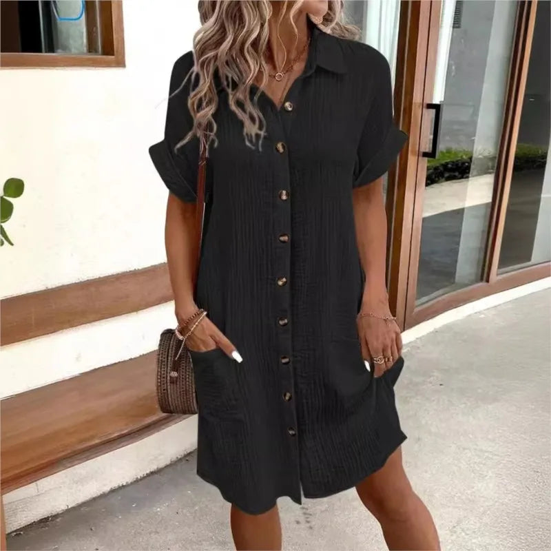 Elegantes Lässiges Mini-Sommerkleid Damen mit Kragen und Taschen - Carlijn
