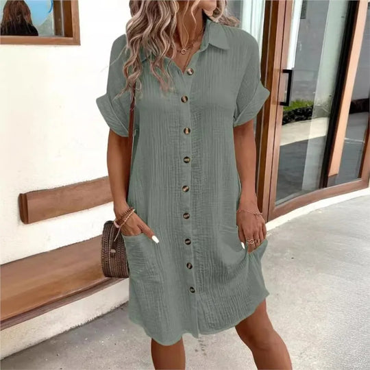 Elegantes Lässiges Mini-Sommerkleid Damen mit Kragen und Taschen - Carlijn