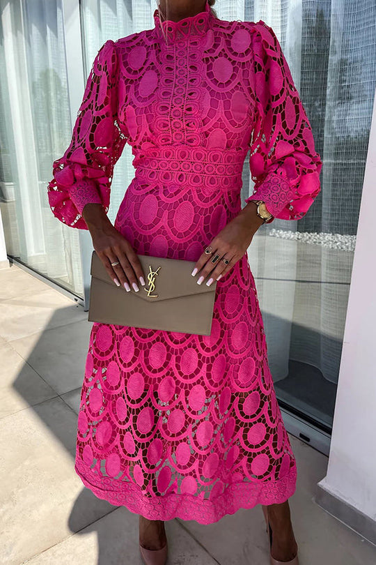 Elegantes Luftiges Midi-Sommerkleid Damen mit Spitzenmotiv und Langen Ärmeln - Charlene