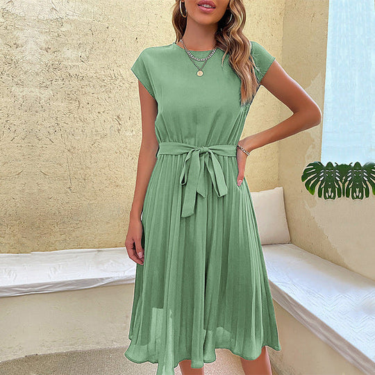 Elegantes Midi-Sommerkleid Damen mit Kurzen Ärmeln und Gürtel - Nora