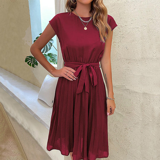 Elegantes Midi-Sommerkleid Damen mit Kurzen Ärmeln und Gürtel - Nora