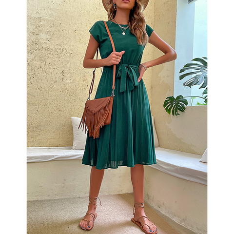 Elegantes Midi-Sommerkleid Damen mit Kurzen Ärmeln und Gürtel - Nora
