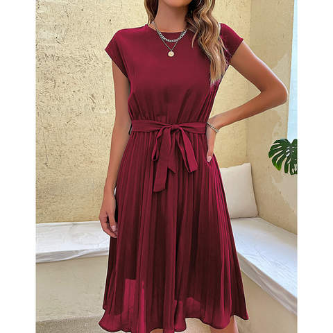 Elegantes Midi-Sommerkleid Damen mit Kurzen Ärmeln und Gürtel - Nora