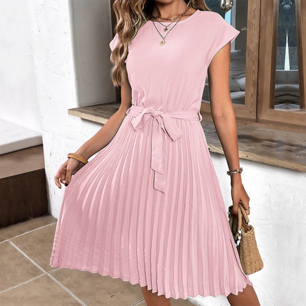 Elegantes Midi-Sommerkleid Damen mit Kurzen Ärmeln und Gürtel - Nora