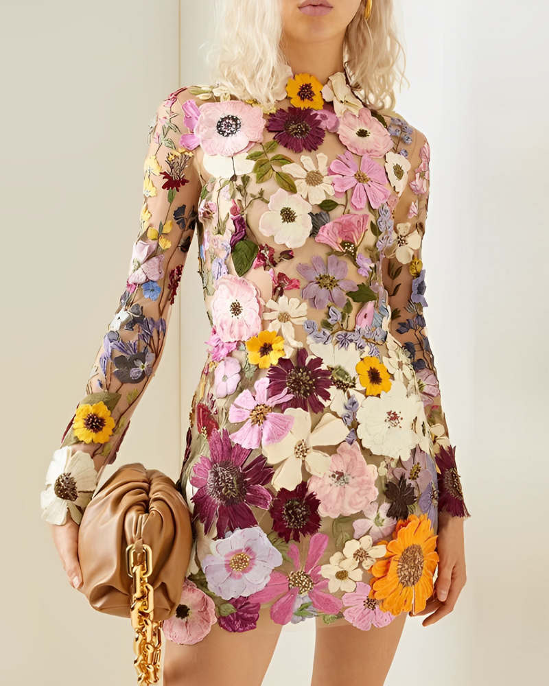 Elegantes Mini-Sommerkleid Damen mit Hohem Ausschnitt und Blumenmotiv - Flora