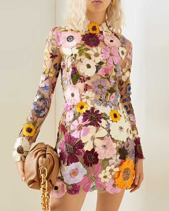 Elegantes Mini-Sommerkleid Damen mit Hohem Ausschnitt und Blumenmotiv - Flora