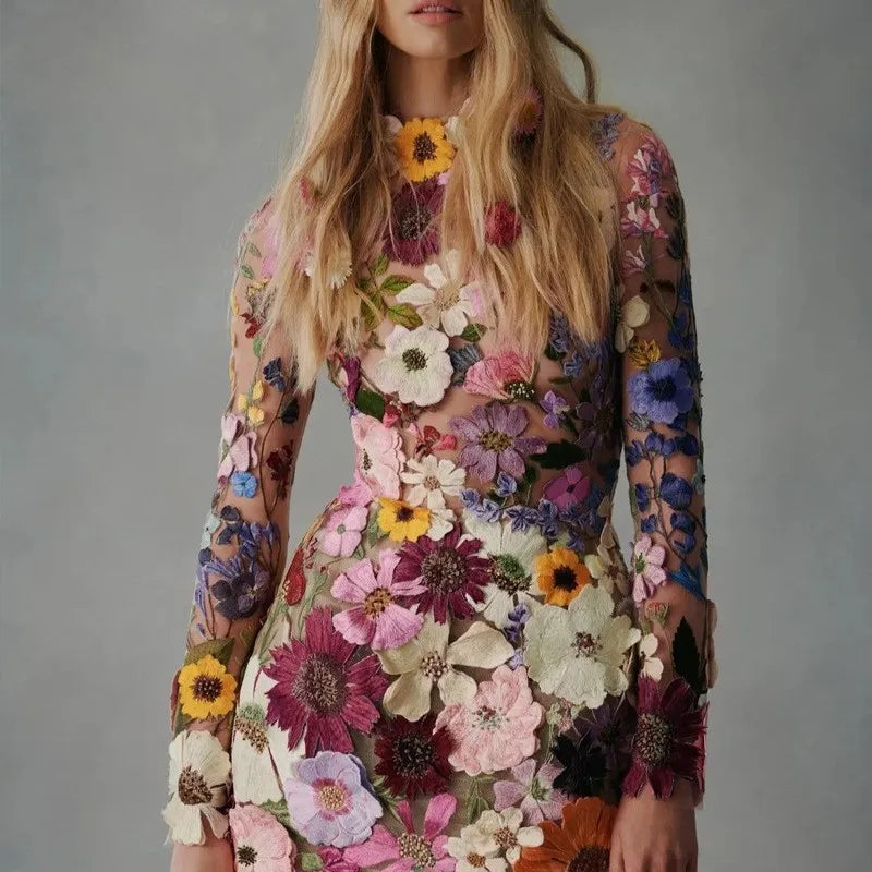 Elegantes Mini-Sommerkleid Damen mit Hohem Ausschnitt und Blumenmotiv - Flora