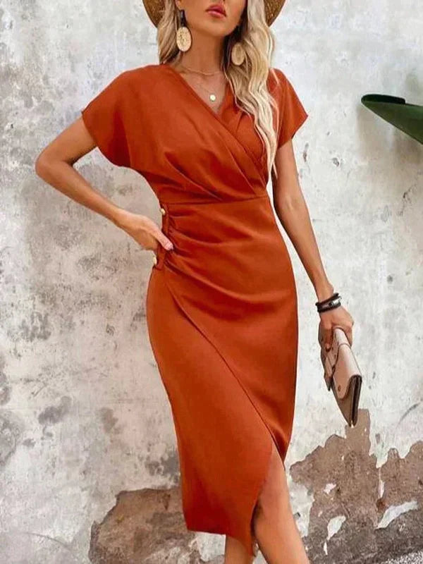 Elegantes Satin-Midi-Sommerkleid Damen mit V-Ausschnitt und Kurzen Ärmeln - EvaMaria