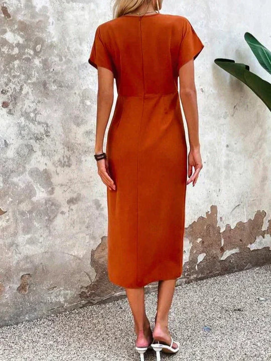 Elegantes Satin-Midi-Sommerkleid Damen mit V-Ausschnitt und Kurzen Ärmeln - EvaMaria