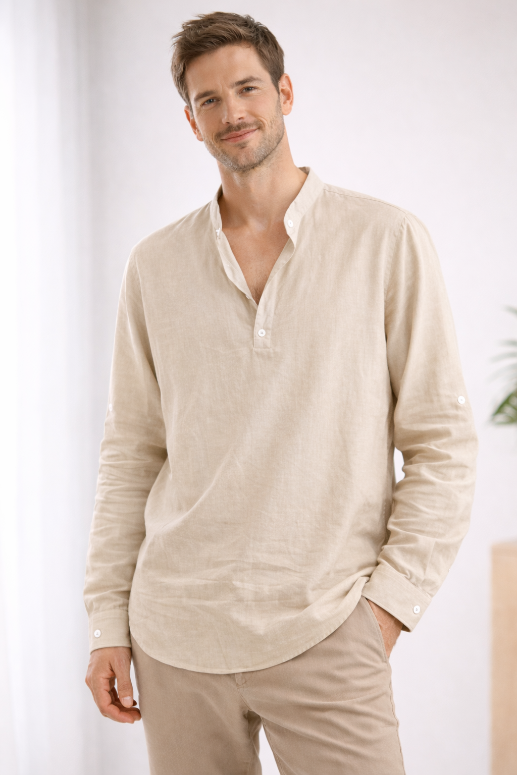 Elegantes Herren Hemd | Langarm Henley mit Bandkragen 0