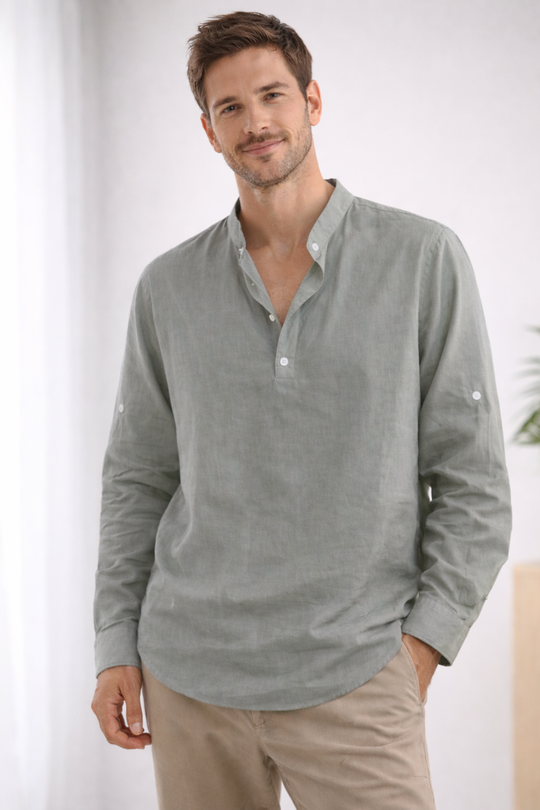 Elegantes Herren Hemd | Langarm Henley mit Bandkragen 5