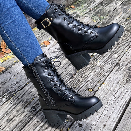 Enkellaars Dames | Stevige Blokhak & Stoere Veterlook