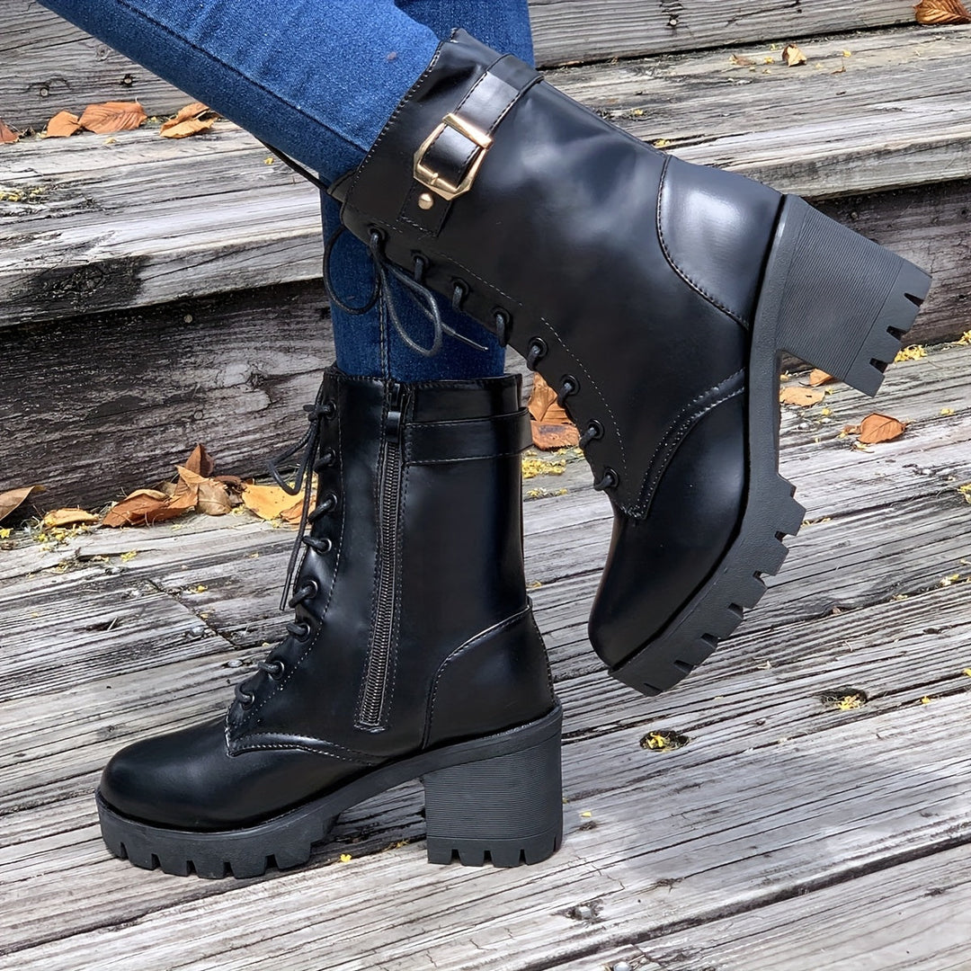 Enkellaars Dames | Stevige Blokhak & Stoere Veterlook