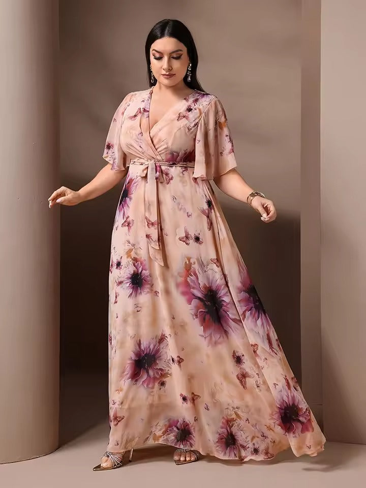 Geblümtes Maxi-Galakleid Damen mit Bindegürtel - Brielle