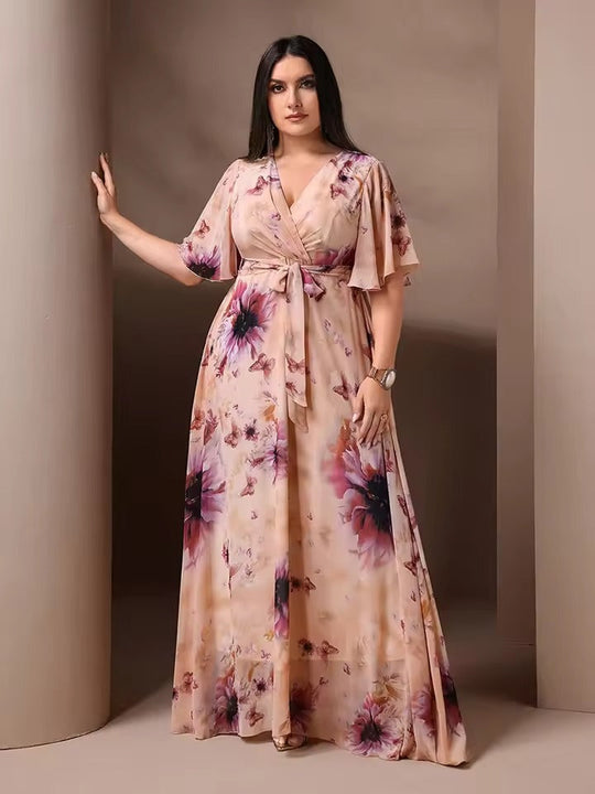 Geblümtes Maxi-Galakleid Damen mit Bindegürtel - Brielle