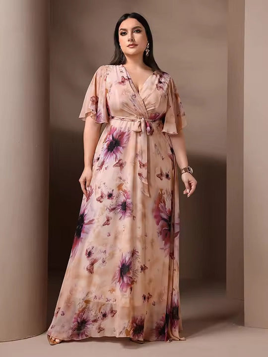 Geblümtes Maxi-Galakleid Damen mit Bindegürtel - Brielle