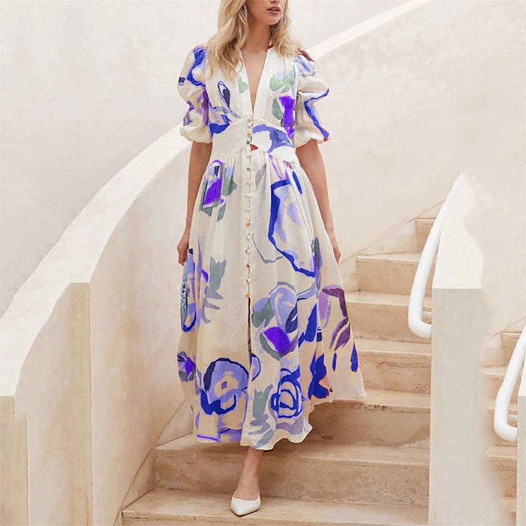 Geblümtes Maxi-Sommerkleid Damen mit V-Ausschnitt und Knopfdetails - Lisa