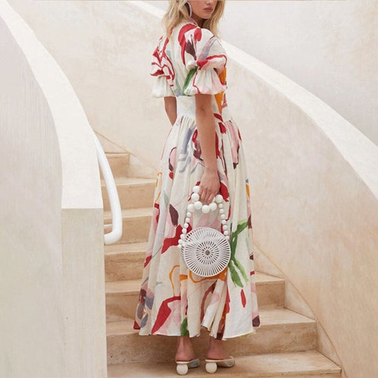 Geblümtes Maxi-Sommerkleid Damen mit V-Ausschnitt und Knopfdetails - Lisa