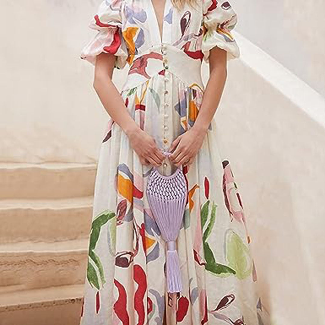 Geblümtes Maxi-Sommerkleid Damen mit V-Ausschnitt und Knopfdetails - Lisa