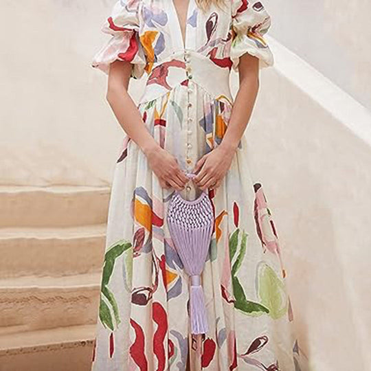 Geblümtes Maxi-Sommerkleid Damen mit V-Ausschnitt und Knopfdetails - Lisa