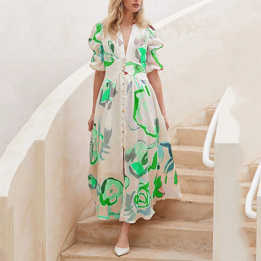 Geblümtes Maxi-Sommerkleid Damen mit V-Ausschnitt und Knopfdetails - Lisa