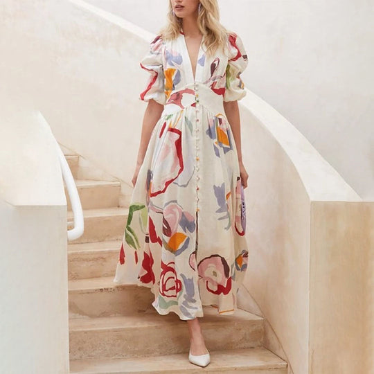 Geblümtes Maxi-Sommerkleid Damen mit V-Ausschnitt und Knopfdetails - Lisa