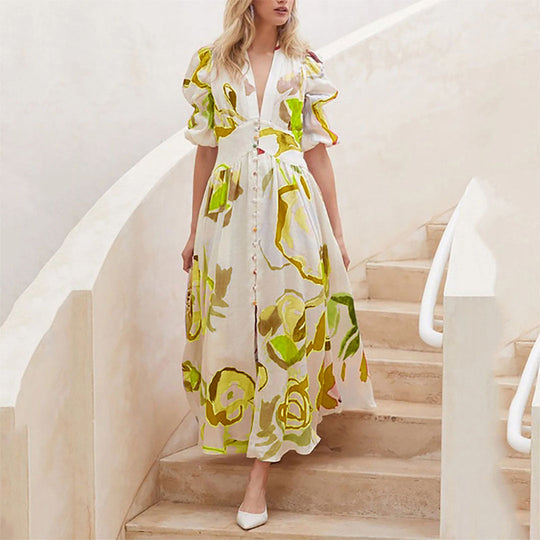 Geblümtes Maxi-Sommerkleid Damen mit V-Ausschnitt und Knopfdetails - Lisa