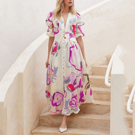 Geblümtes Maxi-Sommerkleid Damen mit V-Ausschnitt und Knopfdetails - Lisa