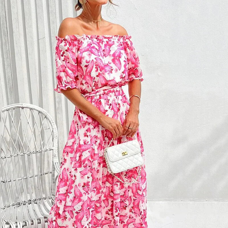 Geblümtes Off-Shoulder-Maxi-Sommerkleid Damen - Rosa