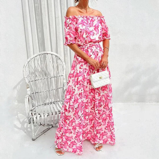Geblümtes Off-Shoulder-Maxi-Sommerkleid Damen - Rosa