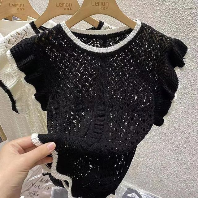 Gehaakte gebreide top met contrasterende bies 3
