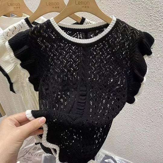 Gehaakte gebreide top met contrasterende bies 3