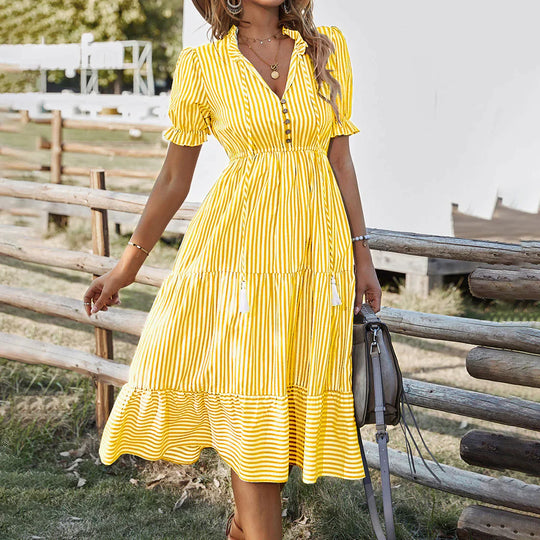 Gestreiftes Midi-Sommerkleid Damen mit Kurzen Ärmeln und Knöpfen - Lisa