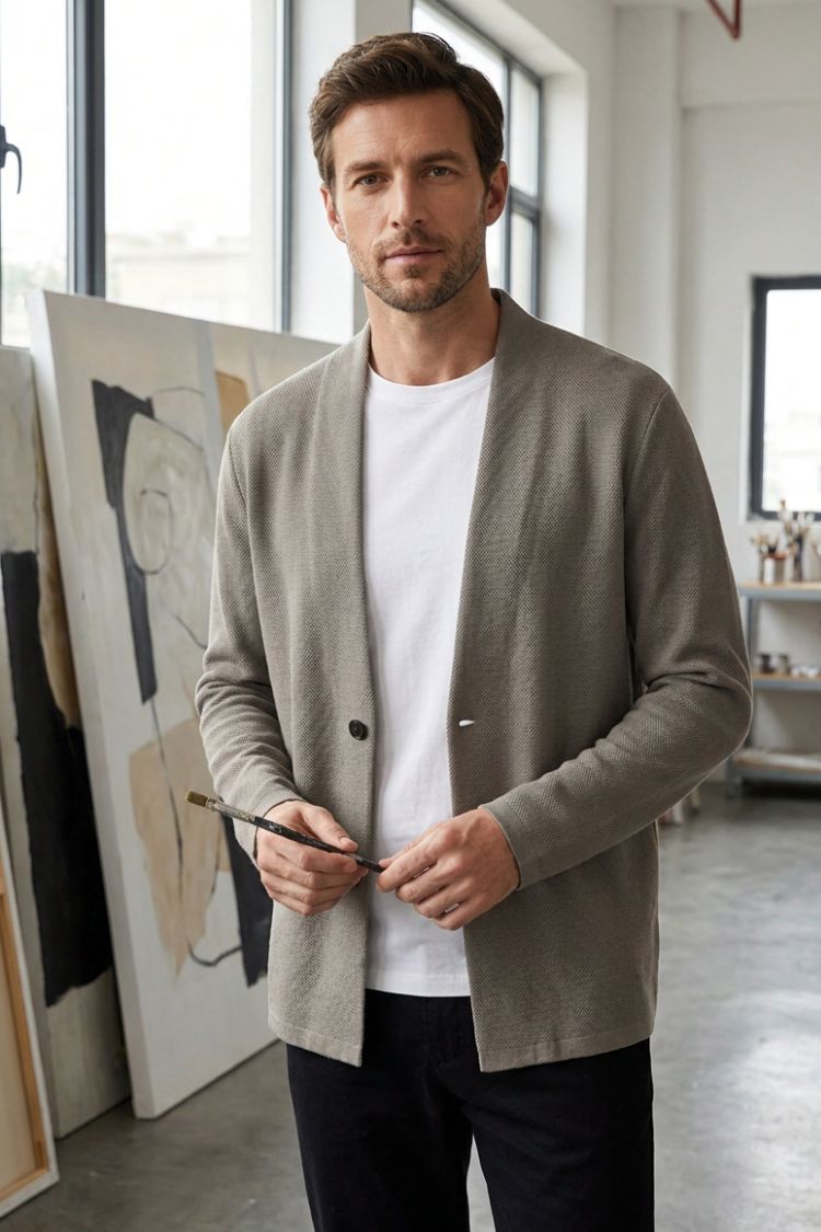 Herren Strickjacke Stehkragen Offene Front Cardigan 6