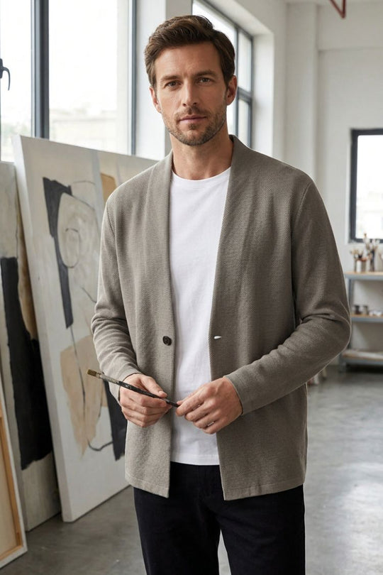 Herren Strickjacke Stehkragen Offene Front Cardigan 6
