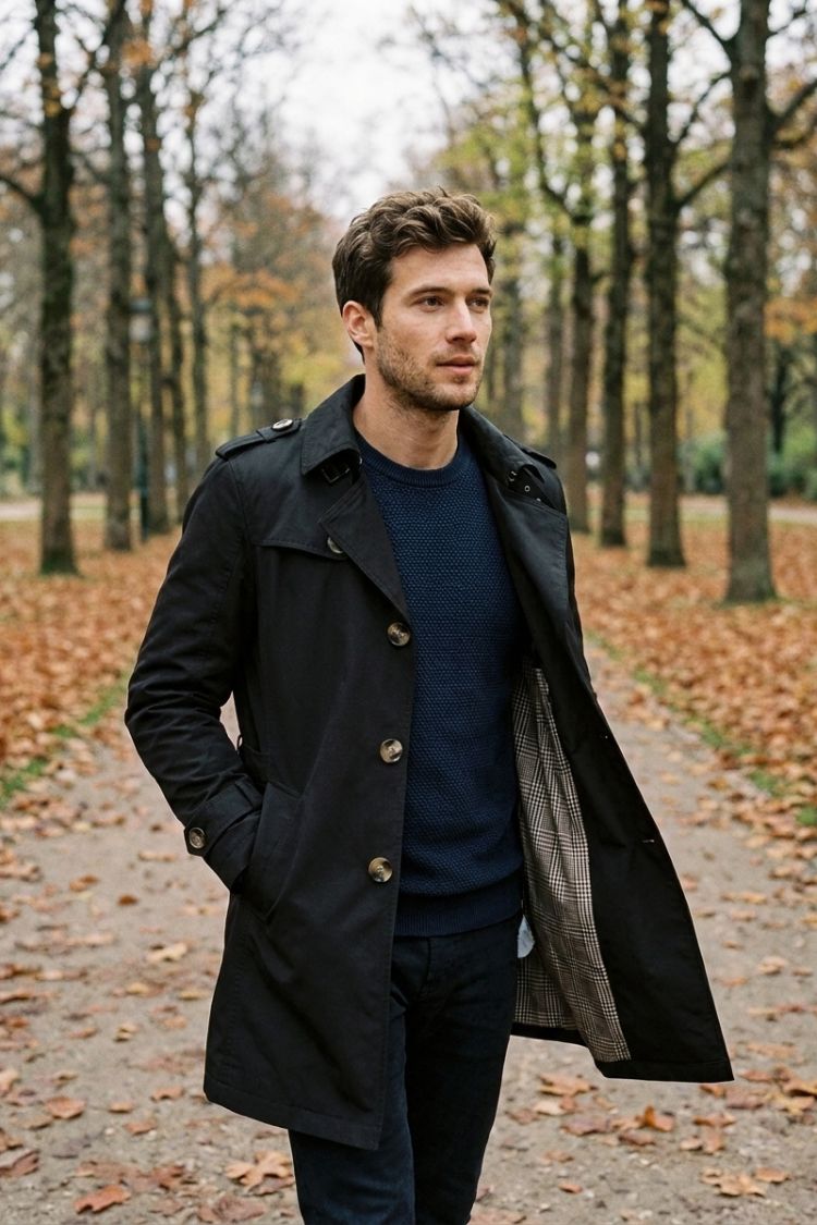 Herren Trenchcoat zweireihig Reverskragen Taschen mit Schulterdetails
