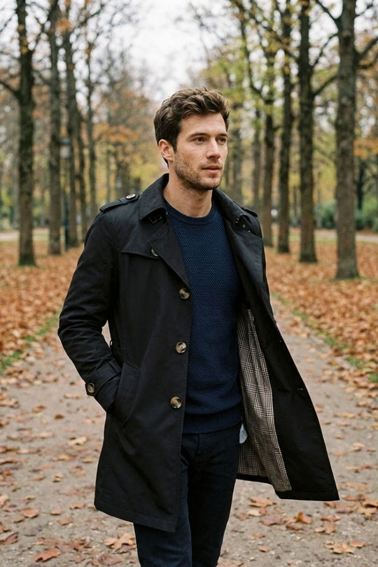 Herren Trenchcoat zweireihig Reverskragen Taschen mit Schulterdetails