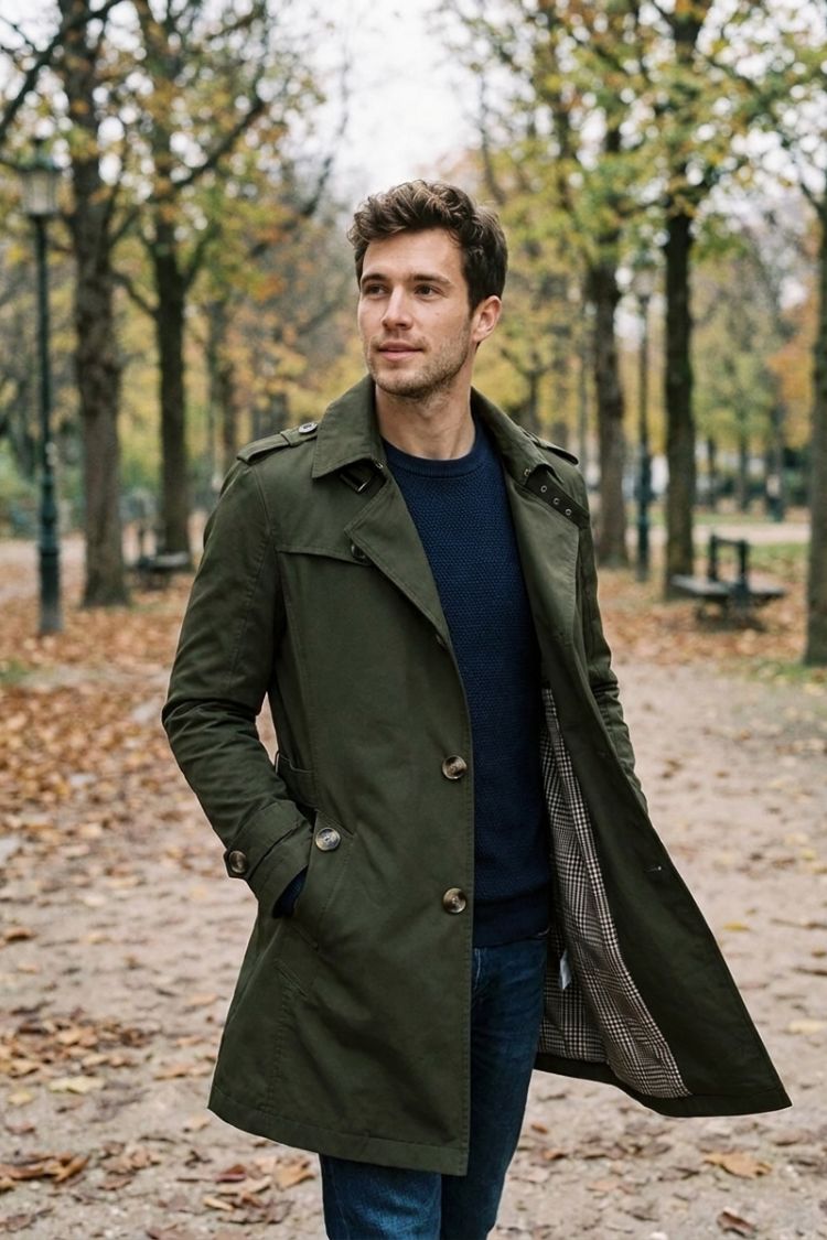 Herren Trenchcoat zweireihig Reverskragen Taschen mit Schulterdetails
