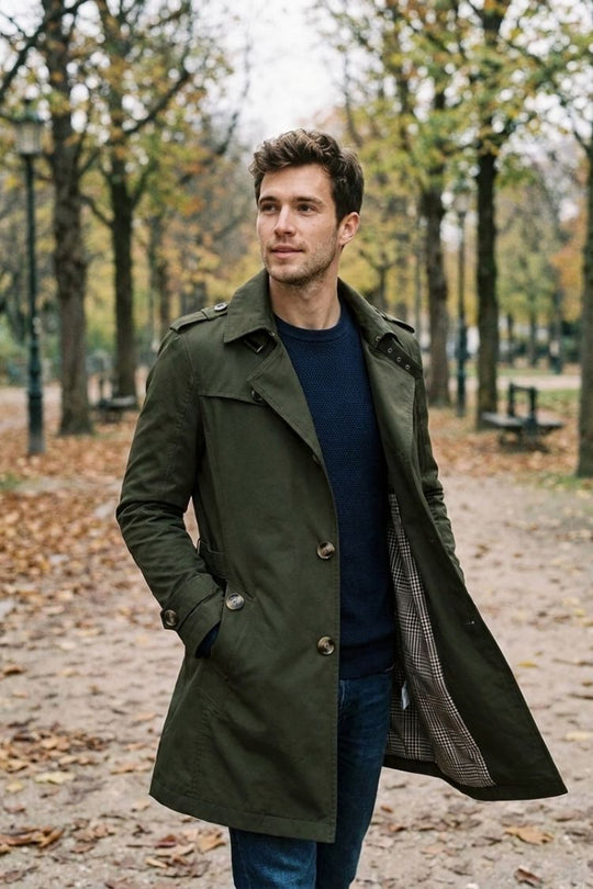Herren Trenchcoat zweireihig Reverskragen Taschen mit Schulterdetails